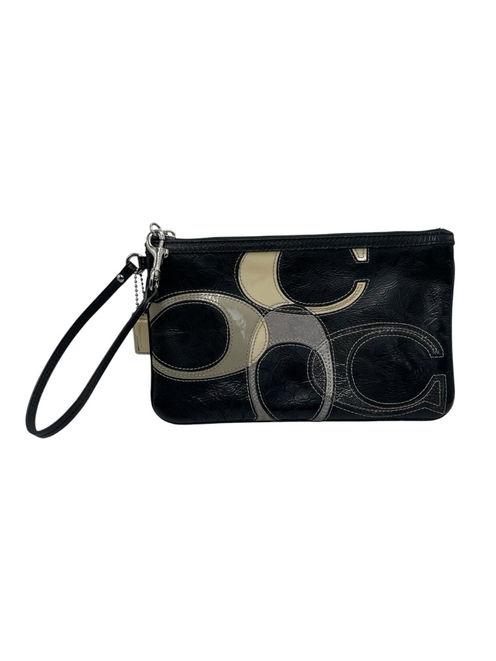 Vintage Y2K Coach Multicolour Logo Wristlet Black Leather Zip Pouch Purse